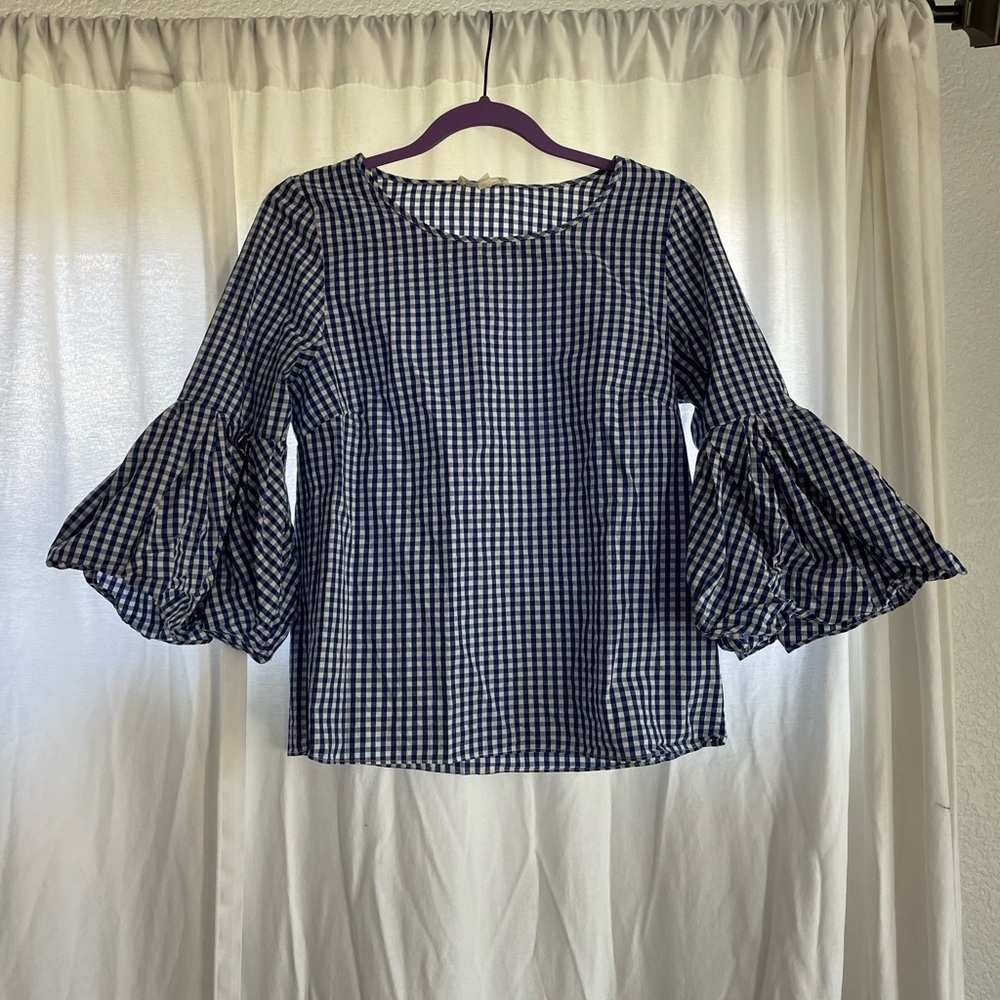 Blue Gingham Bell Sleeve Top